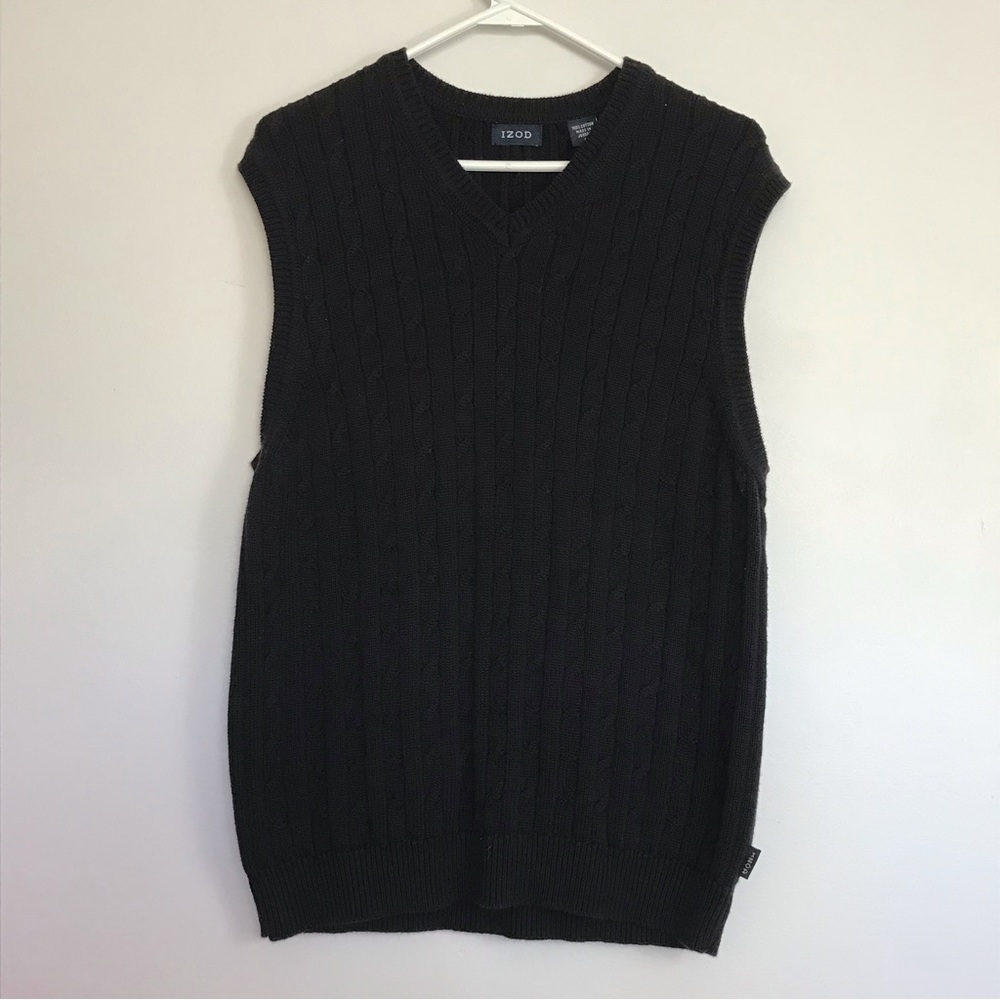Vintage IZOD Black 100% Cotton Knit Sweater Vest Men's Sz Small V Neck Top